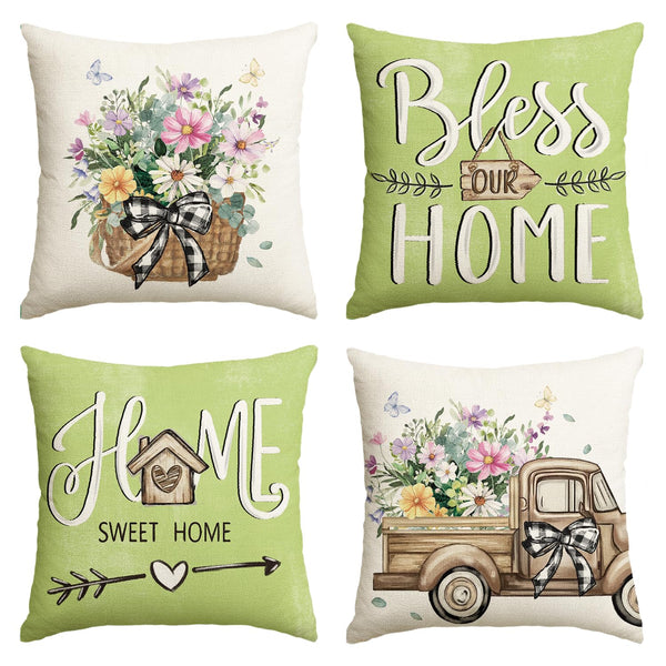 Bless Our Home Farmhouse Eucalyptus Leaves Throw Pillow Covers, 18" Truck Home Sweet