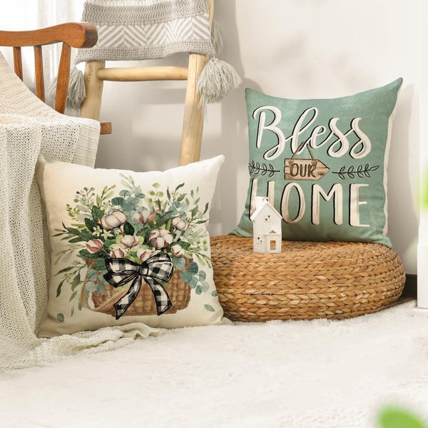 Bless Our Home Farmhouse Eucalyptus Leaves Throw Pillow Covers, 18" Truck Home Sweet