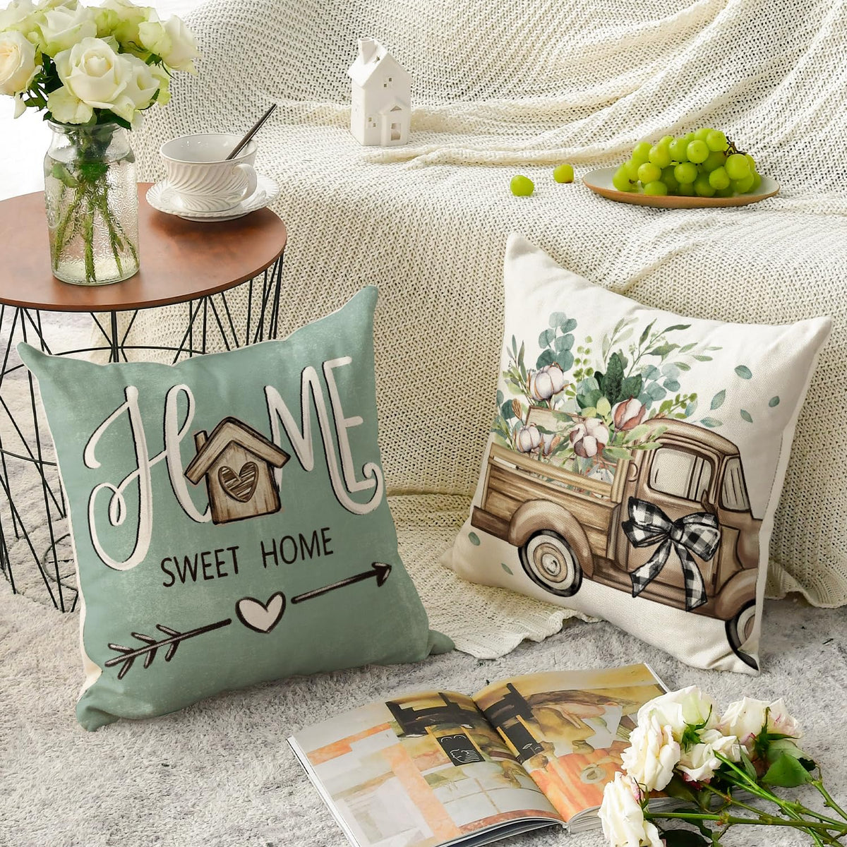 Bless Our Home Farmhouse Eucalyptus Leaves Throw Pillow Covers, 18" Truck Home Sweet