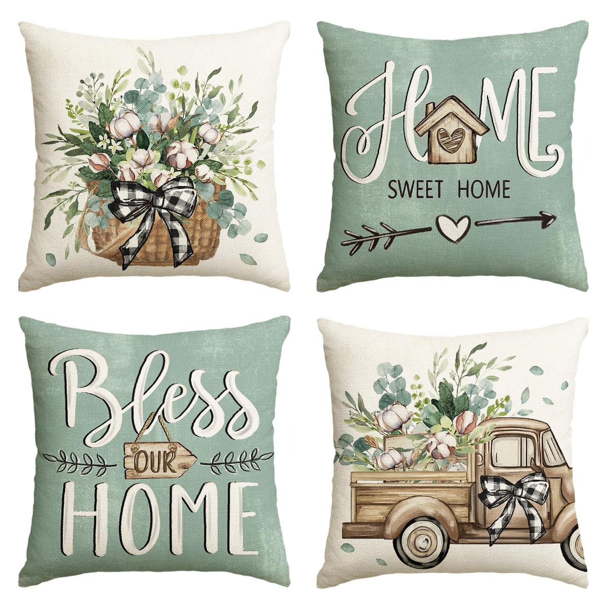 Bless Our Home Farmhouse Eucalyptus Leaves Throw Pillow Covers, 18" Truck Home Sweet