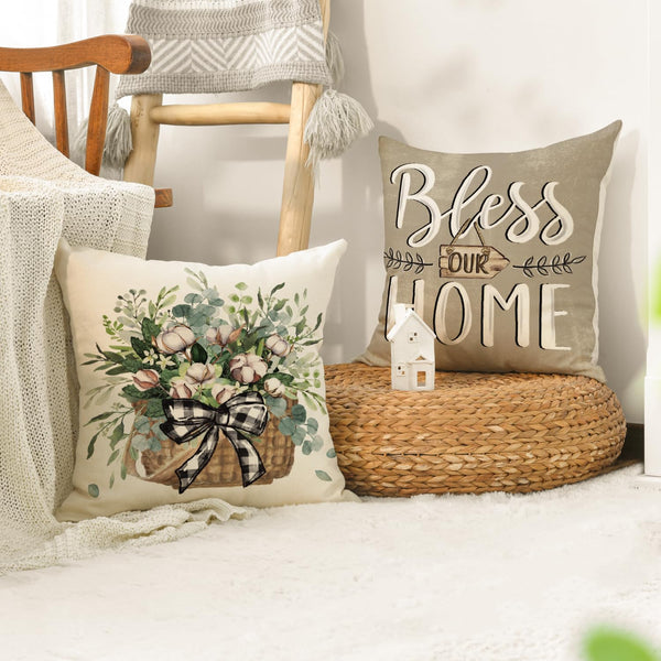 Bless Our Home Farmhouse Eucalyptus Leaves Throw Pillow Covers, 18" Truck Home Sweet