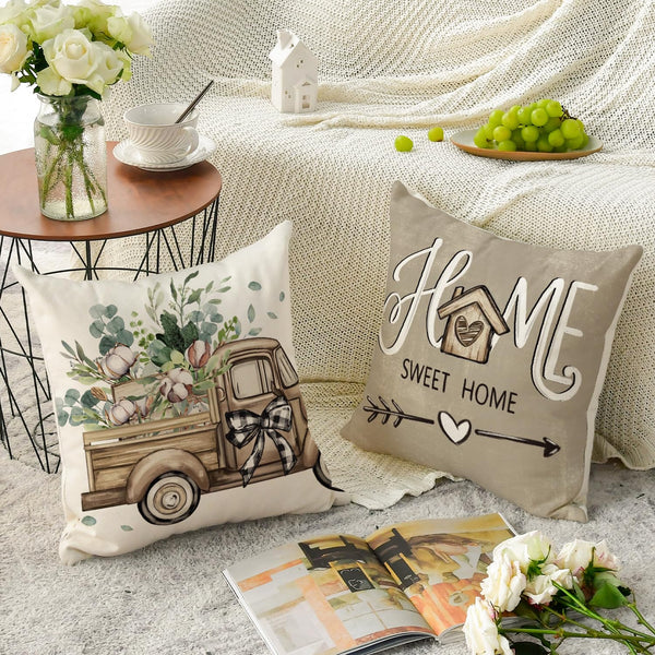 Bless Our Home Farmhouse Eucalyptus Leaves Throw Pillow Covers, 18" Truck Home Sweet