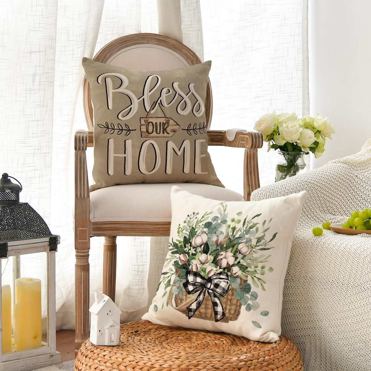 Bless Our Home Farmhouse Eucalyptus Leaves Throw Pillow Covers, 18" Truck Home Sweet