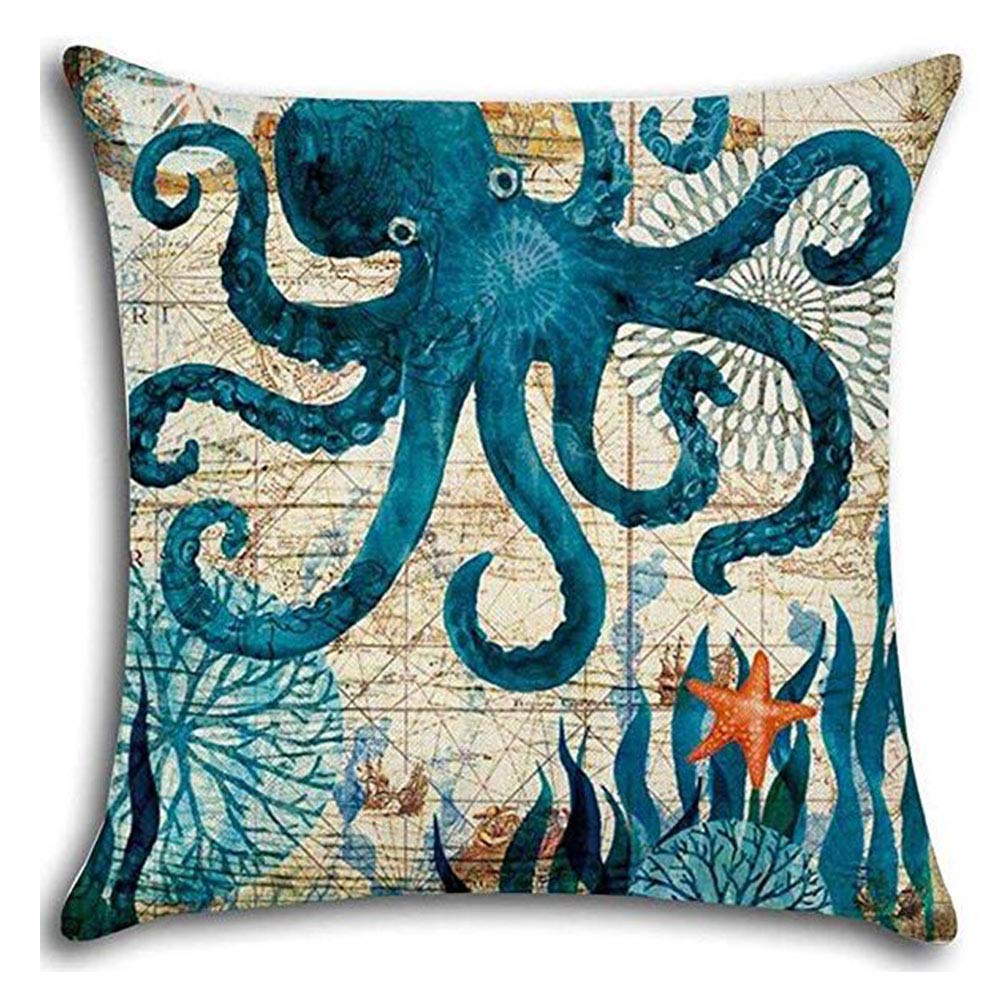 Sea Theme Decorative Square Waterproof Cotton Linen Coastal Pillow Cover Ocean Animal 18 X 18 Inch
