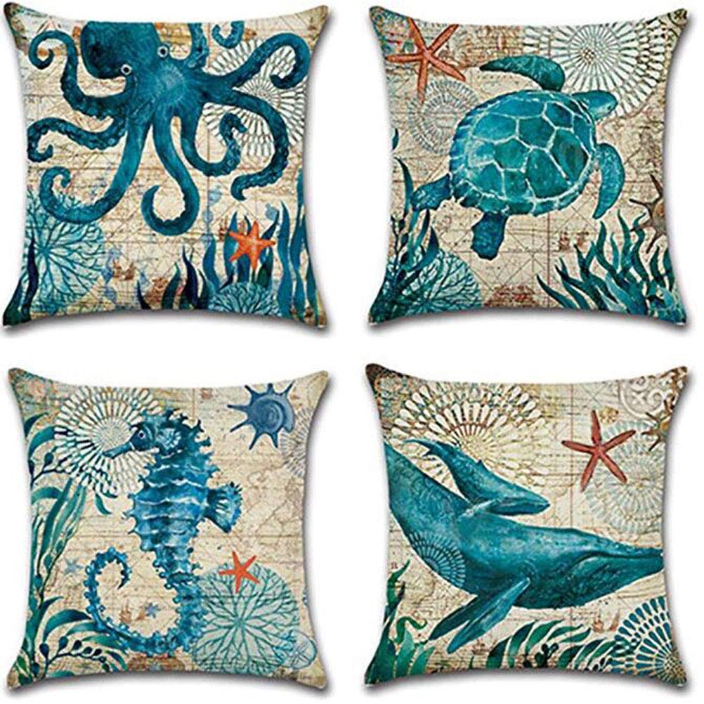 Sea Theme Decorative Square Waterproof Cotton Linen Coastal Pillow Cover Ocean Animal 18 X 18 Inch