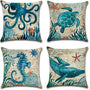 Sea Theme Decorative Square Waterproof Cotton Linen Coastal Pillow Cover Ocean Animal 18 X 18 Inch