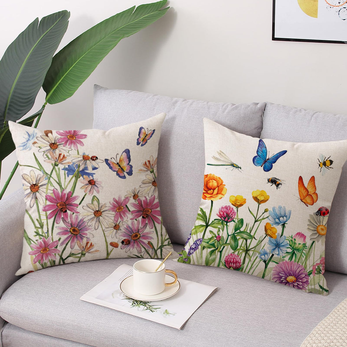 Waterproof Throw Pillow Covers 18x18 Set of 4 Summer Spring Pillow Covers Flower Butterfly