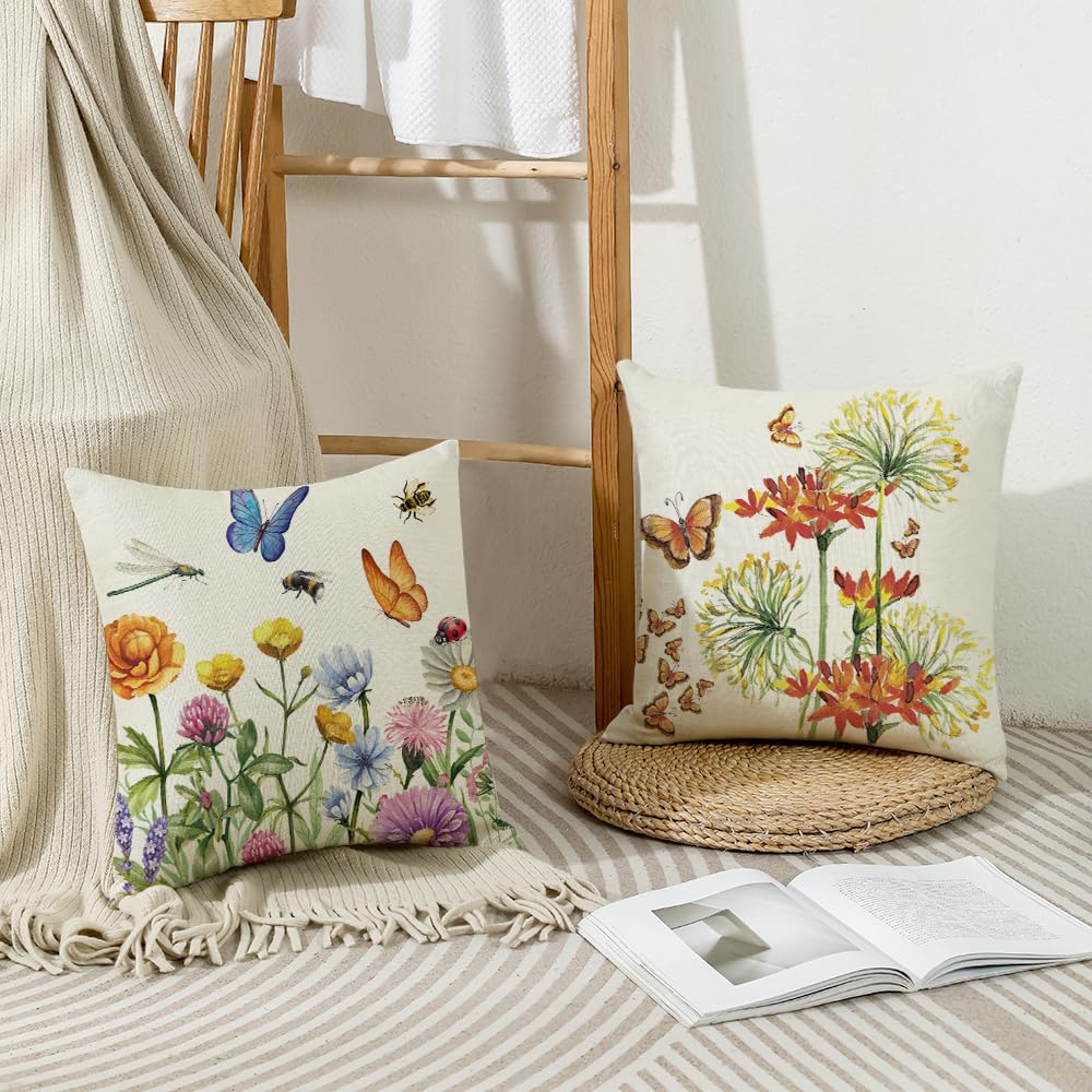 Waterproof Throw Pillow Covers 18x18 Set of 4 Summer Spring Pillow Covers Flower Butterfly