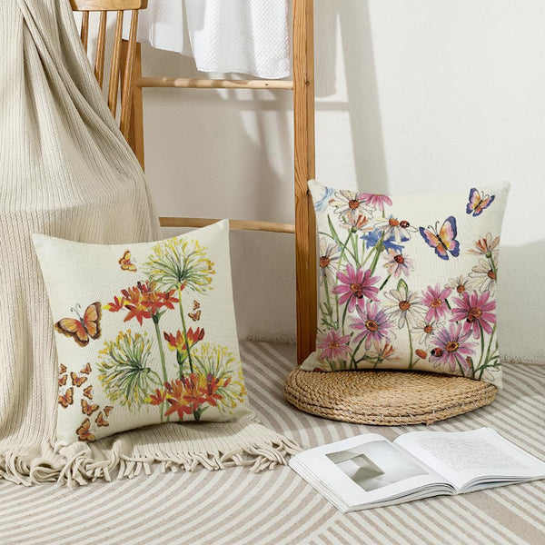 Waterproof Throw Pillow Covers 18x18 Set of 4 Summer Spring Pillow Covers Flower Butterfly