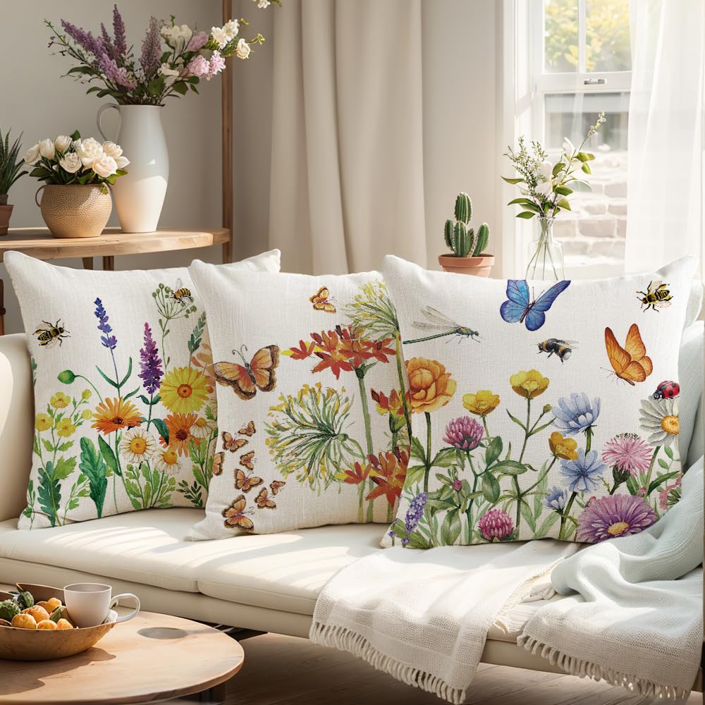 Waterproof Throw Pillow Covers 18x18 Set of 4 Summer Spring Pillow Covers Flower Butterfly