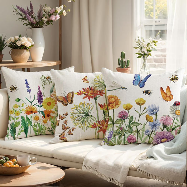 Waterproof Throw Pillow Covers 18x18 Set of 4 Summer Spring Pillow Covers Flower Butterfly