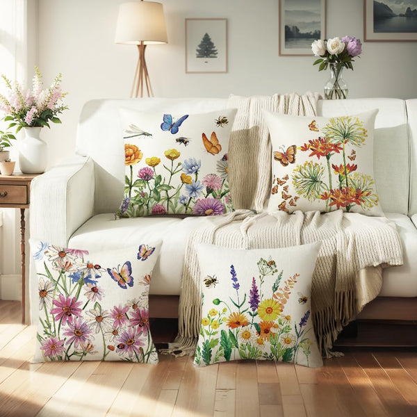 Waterproof Throw Pillow Covers 18x18 Set of 4 Summer Spring Pillow Covers Flower Butterfly