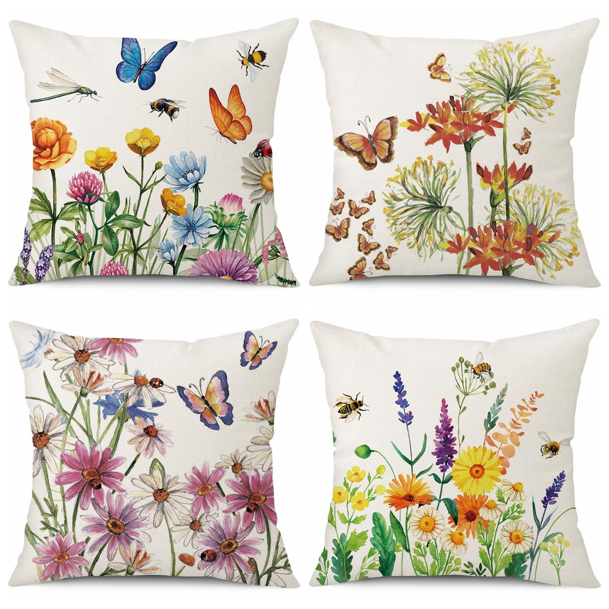Waterproof Throw Pillow Covers 18x18 Set of 4 Summer Spring Pillow Covers Flower Butterfly