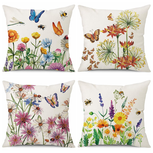 Waterproof Throw Pillow Covers 18x18 Set of 4 Summer Spring Pillow Covers Flower Butterfly