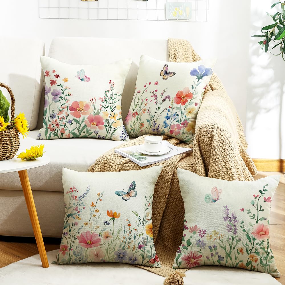 Waterproof Spring Pillow Covers 18x18 Set of 4 Summer Farmhouse Throw Pillow Covers Floral Butterfly