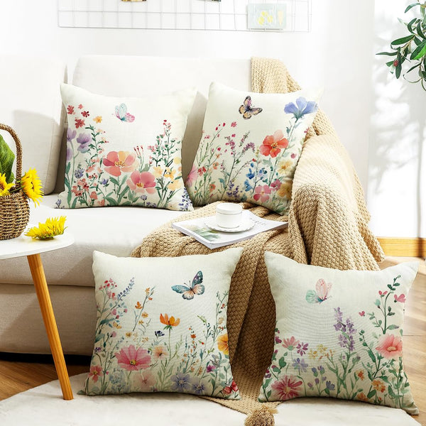 Waterproof Spring Pillow Covers 18x18 Set of 4 Summer Farmhouse Throw Pillow Covers Floral Butterfly