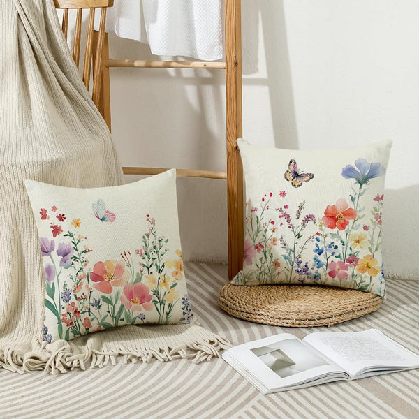 Waterproof Spring Pillow Covers 18x18 Set of 4 Summer Farmhouse Throw Pillow Covers Floral Butterfly
