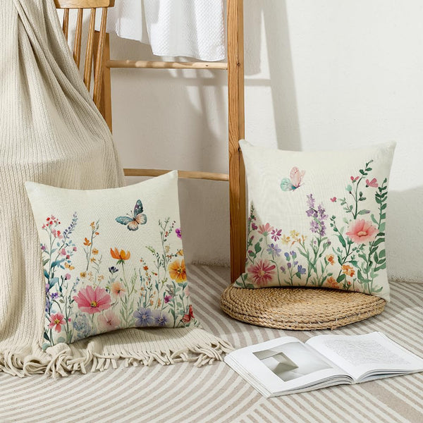 Waterproof Spring Pillow Covers 18x18 Set of 4 Summer Farmhouse Throw Pillow Covers Floral Butterfly