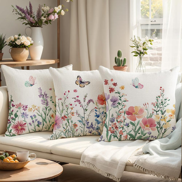 Waterproof Spring Pillow Covers 18x18 Set of 4 Summer Farmhouse Throw Pillow Covers Floral Butterfly