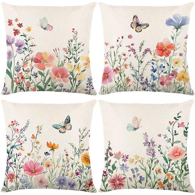 Waterproof Spring Pillow Covers 18x18 Set of 4 Summer Farmhouse Throw Pillow Covers Floral Butterfly