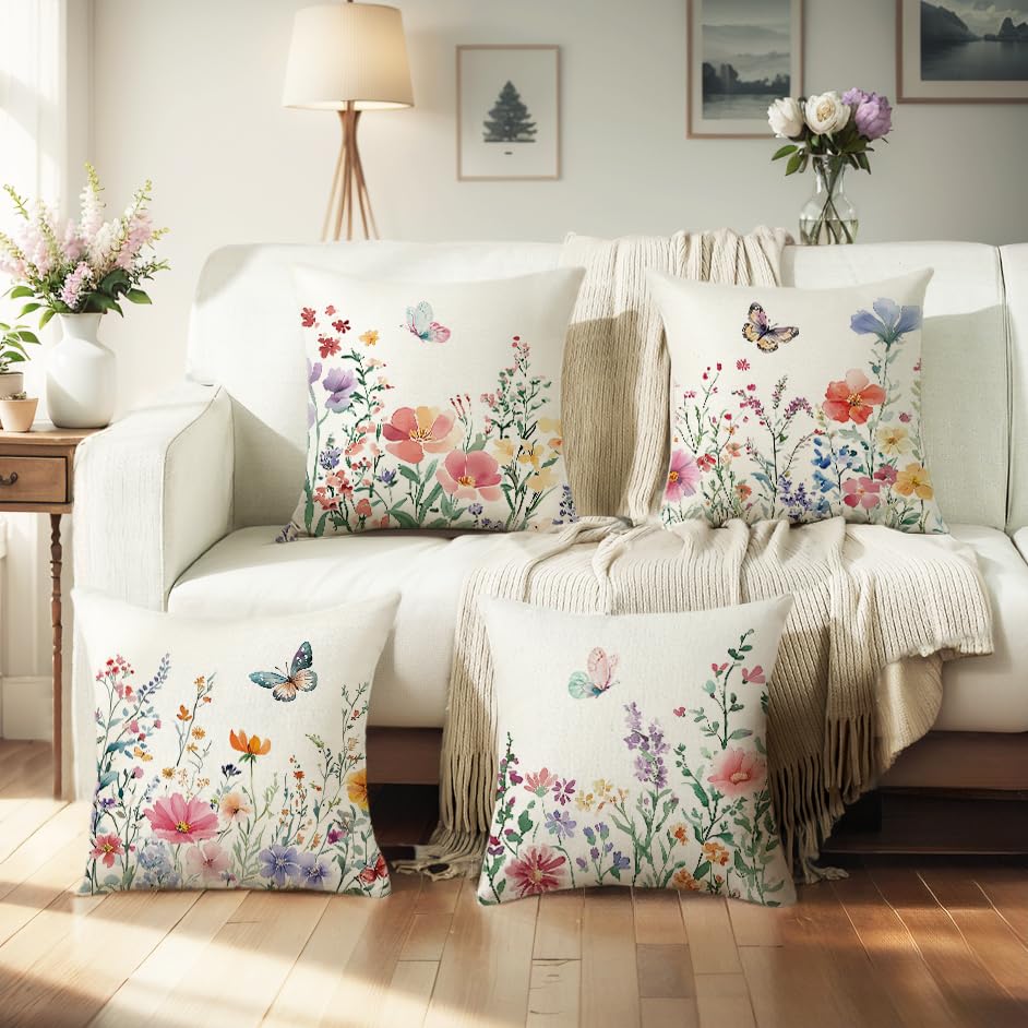 Waterproof Spring Pillow Covers 18x18 Set of 4 Summer Farmhouse Throw Pillow Covers Floral Butterfly