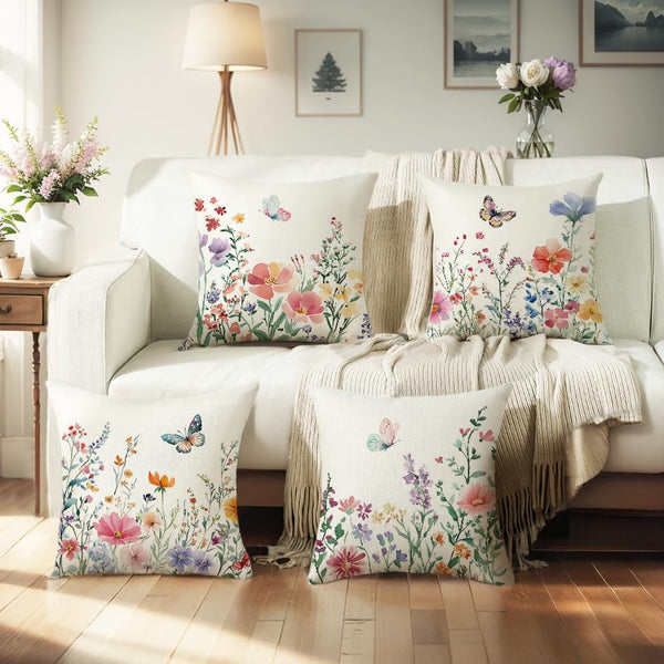 Waterproof Spring Pillow Covers 18x18 Set of 4 Summer Farmhouse Throw Pillow Covers Floral Butterfly