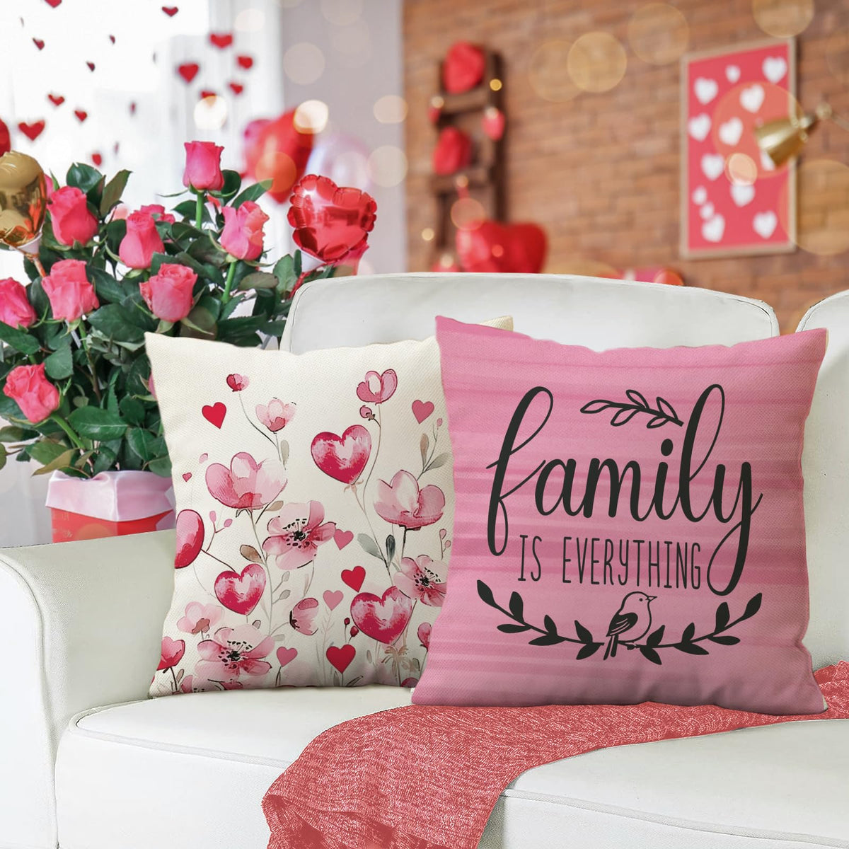 Valentines Day Birds Family Decorative Throw Pillow Covers 18" Set of 4, Pink Love Heart Flower Home Sweet Home