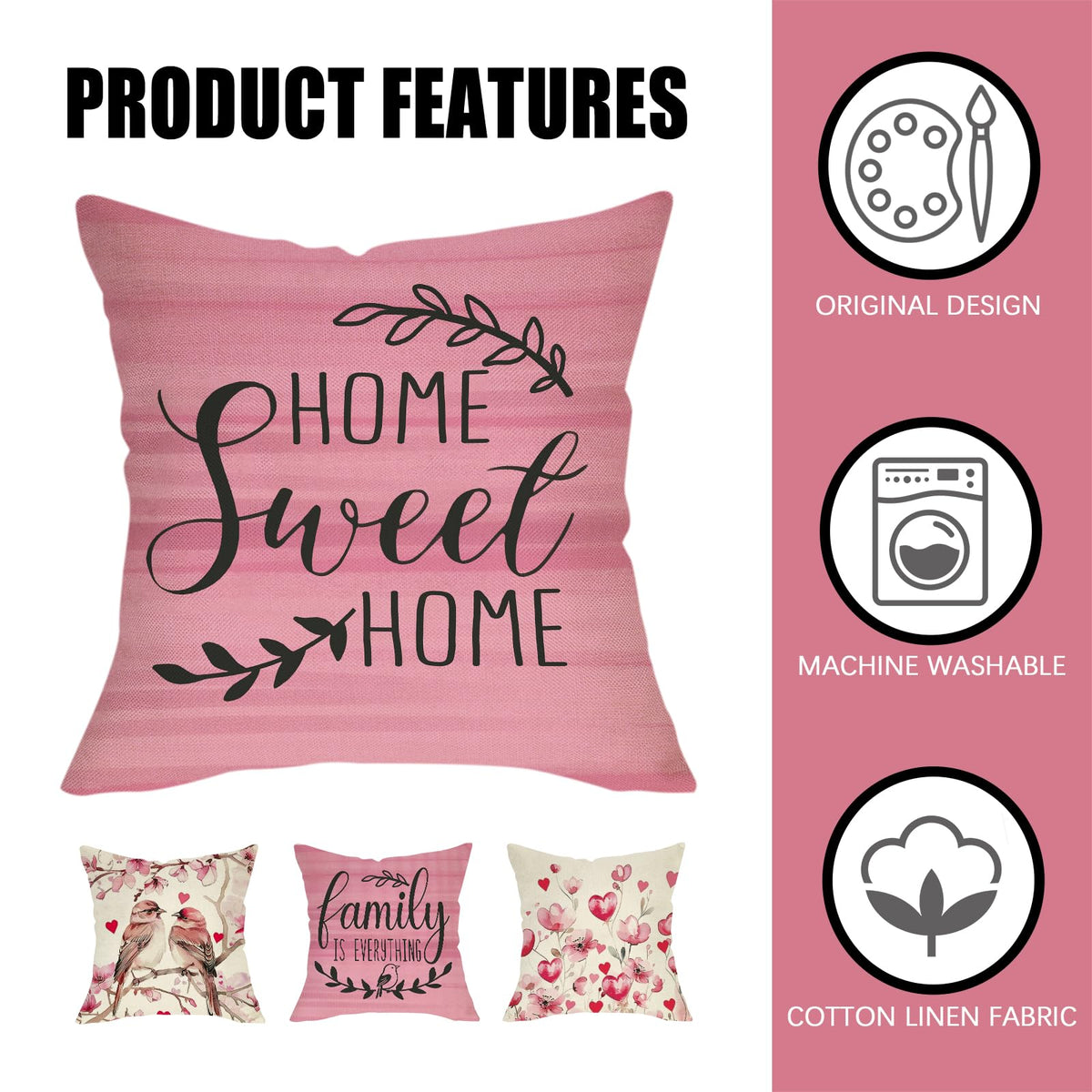 Valentines Day Birds Family Decorative Throw Pillow Covers 18" Set of 4, Pink Love Heart Flower Home Sweet Home