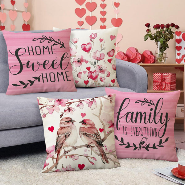 Valentines Day Birds Family Decorative Throw Pillow Covers 18" Set of 4, Pink Love Heart Flower Home Sweet Home