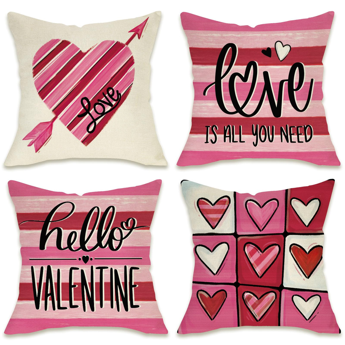 Hello Valentine's Day Decorative Throw Pillow Cover 18" Set of 4, Pink Red Heart Arrow Love is All You Need