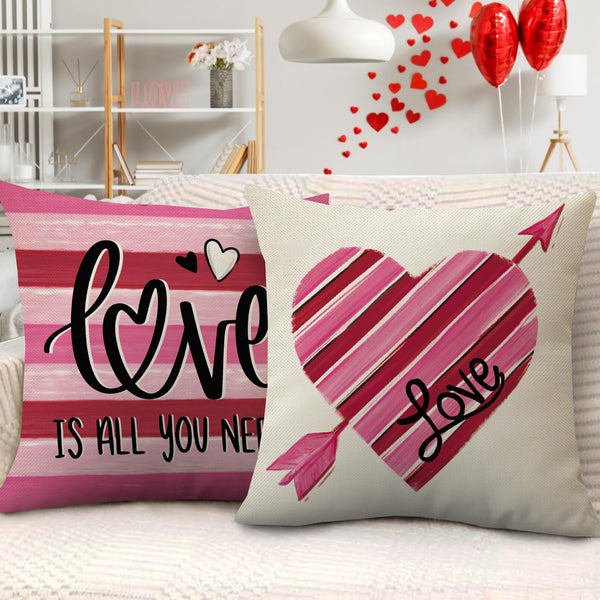 Hello Valentine's Day Decorative Throw Pillow Cover 18" Set of 4, Pink Red Heart Arrow Love is All You Need
