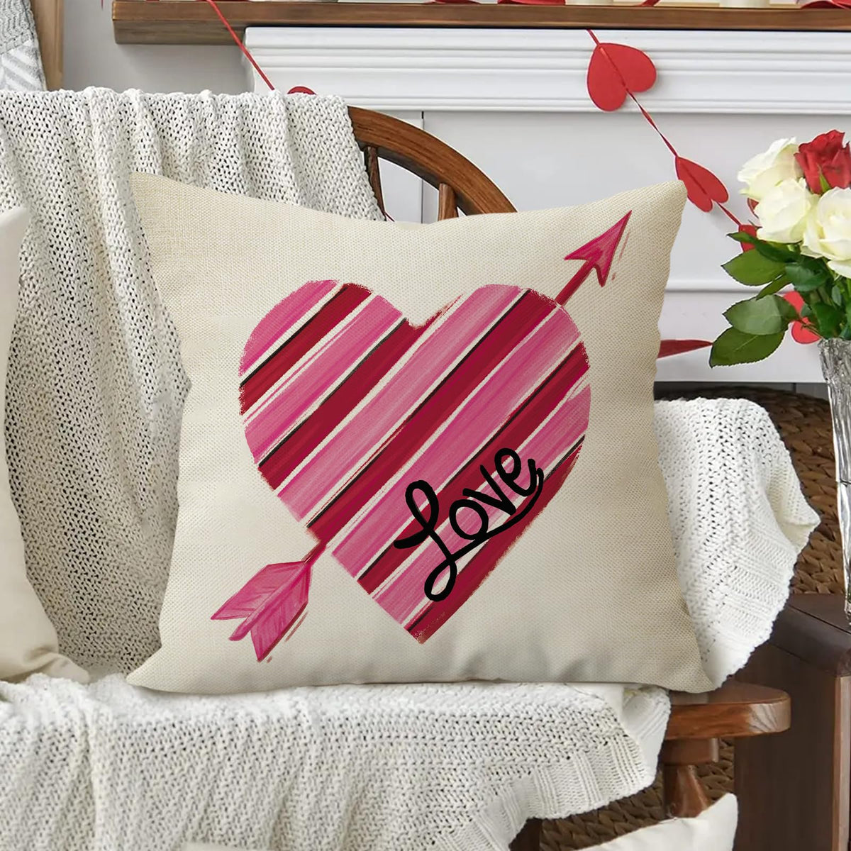 Hello Valentine's Day Decorative Throw Pillow Cover 18" Set of 4, Pink Red Heart Arrow Love is All You Need