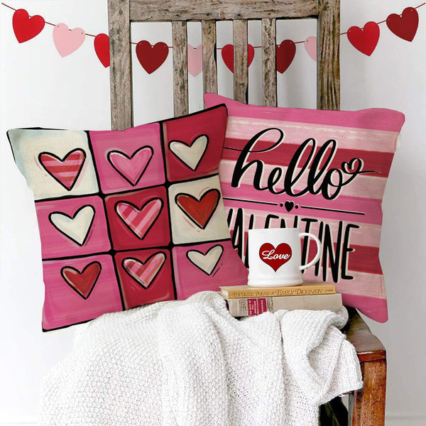 Hello Valentine's Day Decorative Throw Pillow Cover 18" Set of 4, Pink Red Heart Arrow Love is All You Need