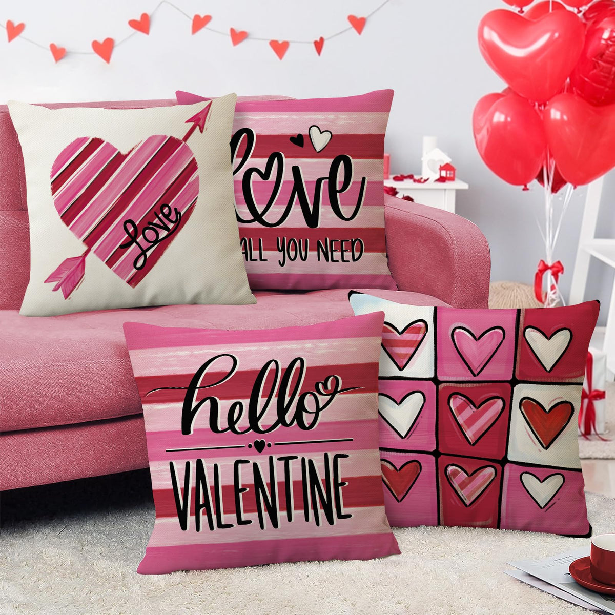 Hello Valentine's Day Decorative Throw Pillow Cover 18" Set of 4, Pink Red Heart Arrow Love is All You Need