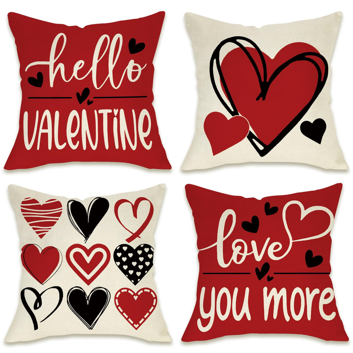 Hello Valentines Day Decorative Throw Pillow Covers 18 x 18 Set of 4, Red Black Heart Love You More