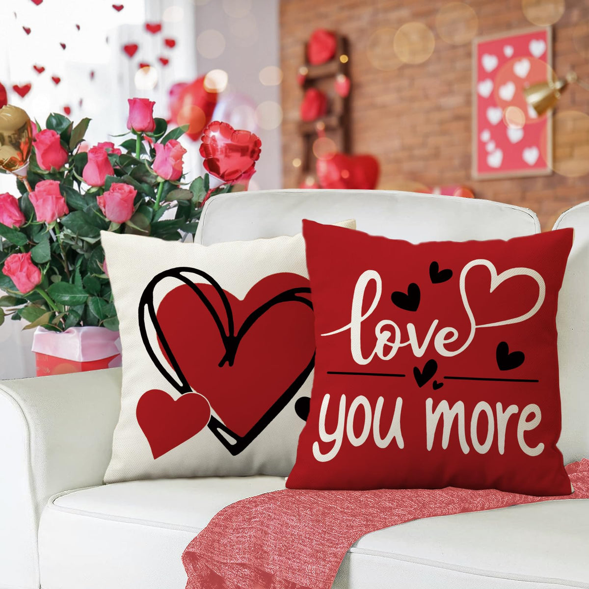 Hello Valentines Day Decorative Throw Pillow Covers 18 x 18 Set of 4, Red Black Heart Love You More