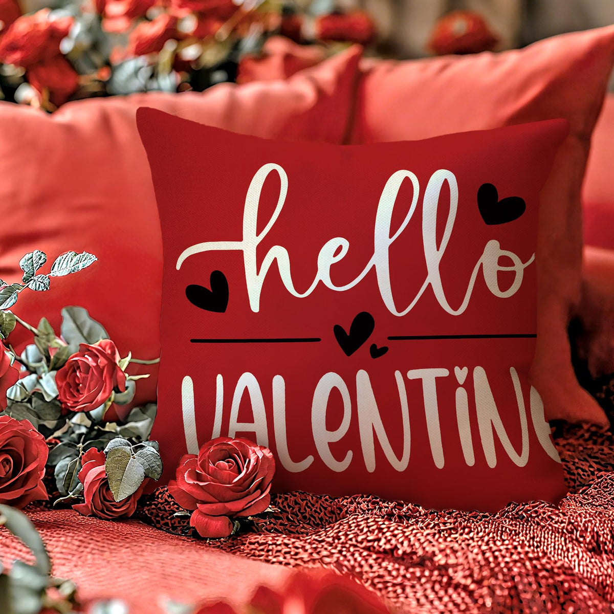Hello Valentines Day Decorative Throw Pillow Covers 18 x 18 Set of 4, Red Black Heart Love You More