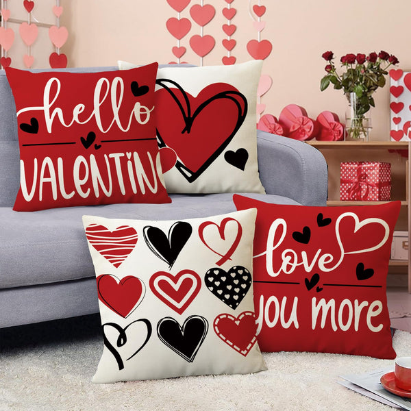 Hello Valentines Day Decorative Throw Pillow Covers 18 x 18 Set of 4, Red Black Heart Love You More