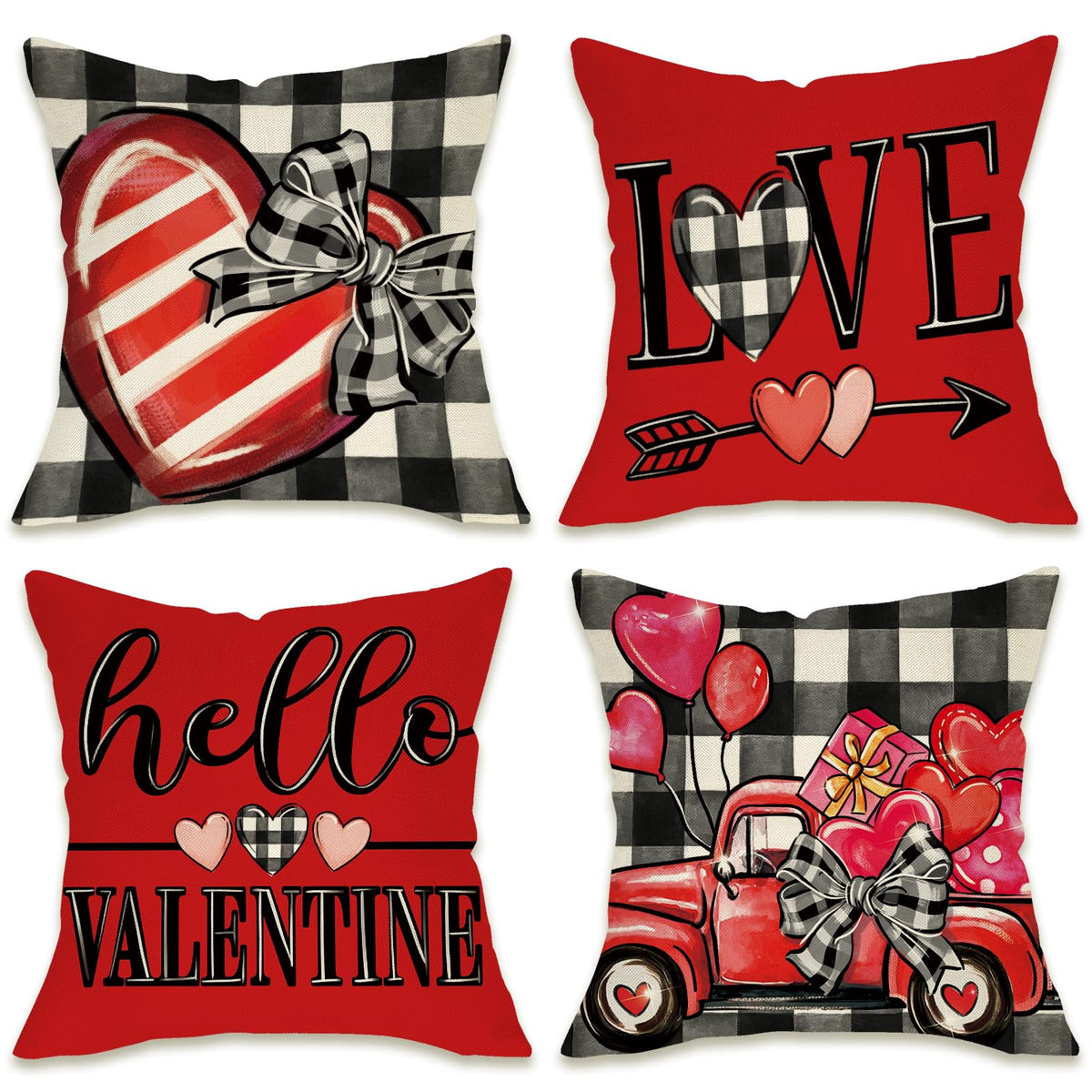 Hello Valentines Day Decorative Throw Pillow Covers 18 x 18 Set of 4, Red Heart Truck Buffalo Plaid