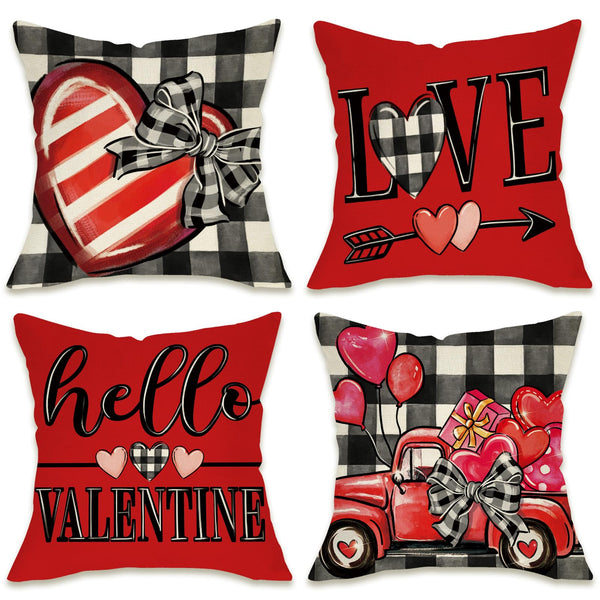 Hello Valentines Day Decorative Throw Pillow Covers 18 x 18 Set of 4, Red Heart Truck Buffalo Plaid