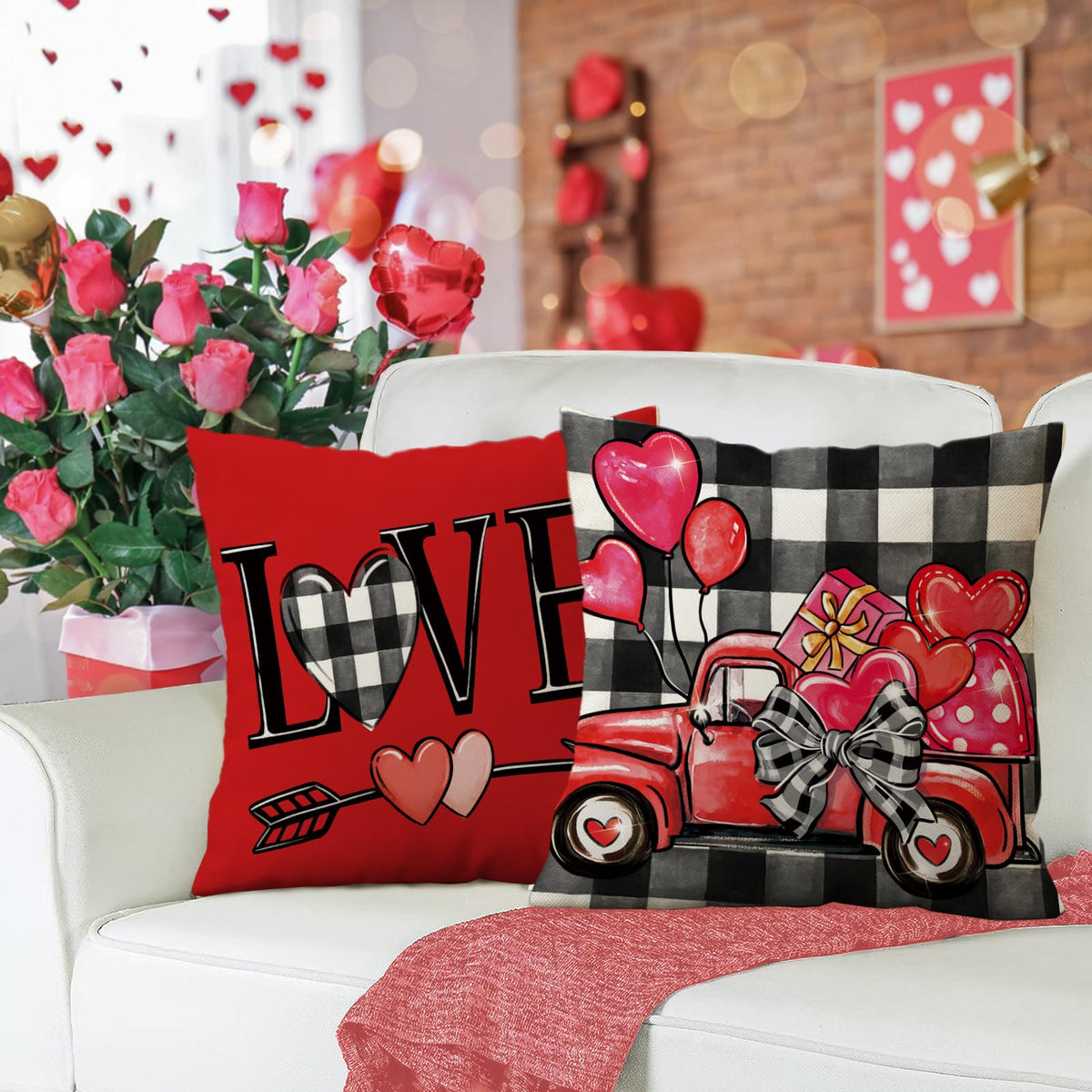 Hello Valentines Day Decorative Throw Pillow Covers 18 x 18 Set of 4, Red Heart Truck Buffalo Plaid