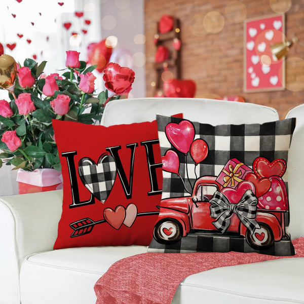 Hello Valentines Day Decorative Throw Pillow Covers 18 x 18 Set of 4, Red Heart Truck Buffalo Plaid