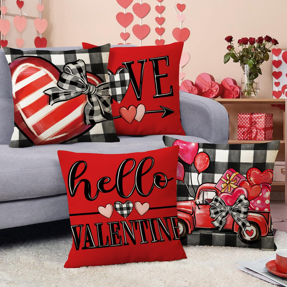 Hello Valentines Day Decorative Throw Pillow Covers 18 x 18 Set of 4, Red Heart Truck Buffalo Plaid