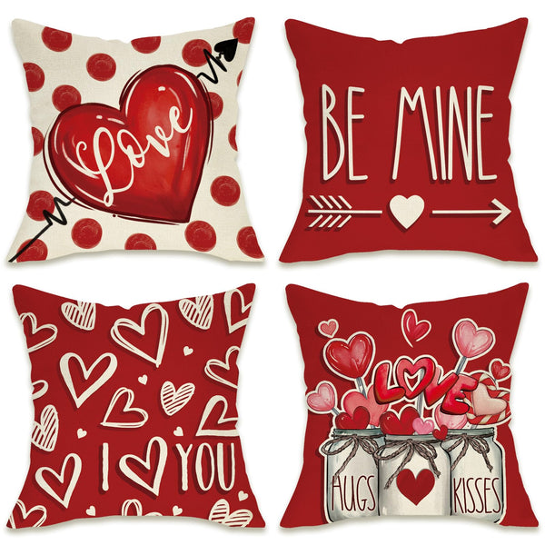 Valentines Day Decorative Throw Pillow Covers 18 x 18 Set of 4, Red Love Heart Mason Jar Be Mine