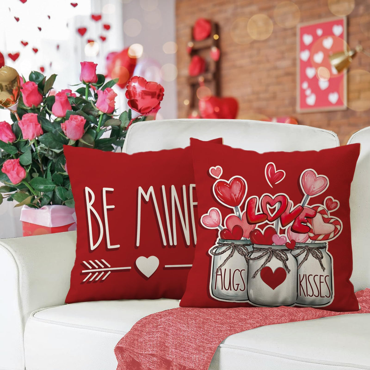 Valentines Day Decorative Throw Pillow Covers 18 x 18 Set of 4, Red Love Heart Mason Jar Be Mine