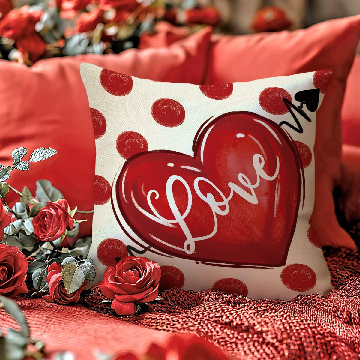 Valentines Day Decorative Throw Pillow Covers 18 x 18 Set of 4, Red Love Heart Mason Jar Be Mine
