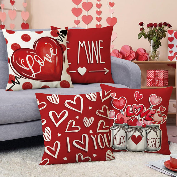 Valentines Day Decorative Throw Pillow Covers 18 x 18 Set of 4, Red Love Heart Mason Jar Be Mine