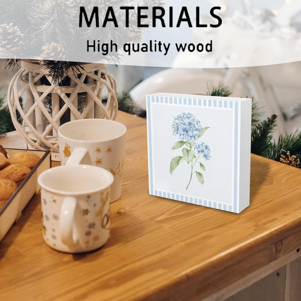 Blue Hydrangea Stripes Decor,Watercolor Hydrangea Flower Chinoiserie Wooden Box Sign