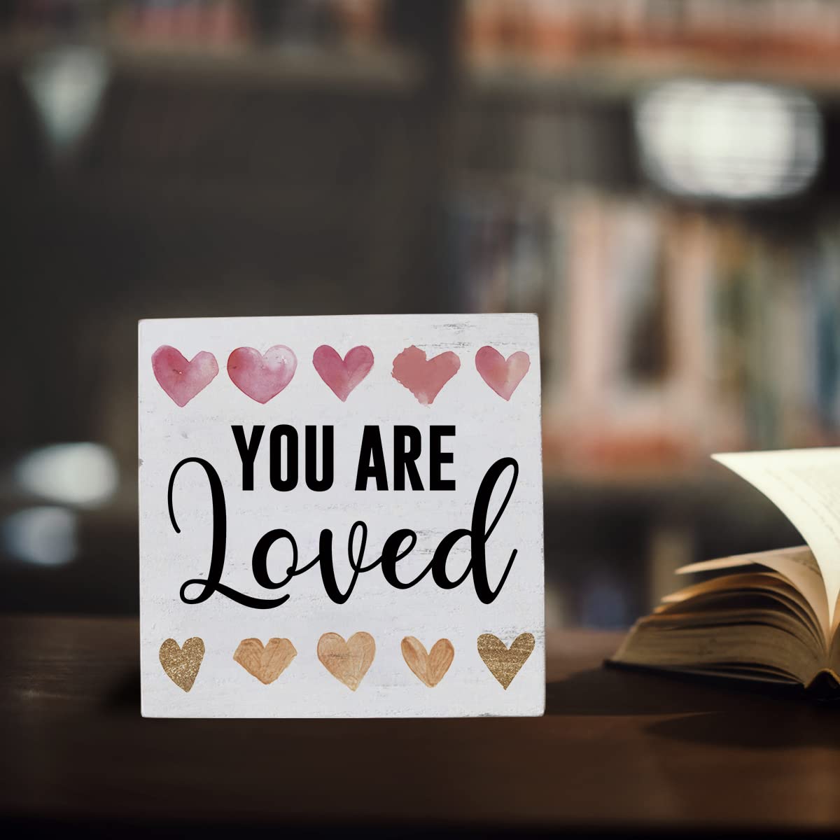 Boho Love Heart Decor Inspirational Quotes Desk Decor Wooden Box Sign, 5.1x5.1 Inch