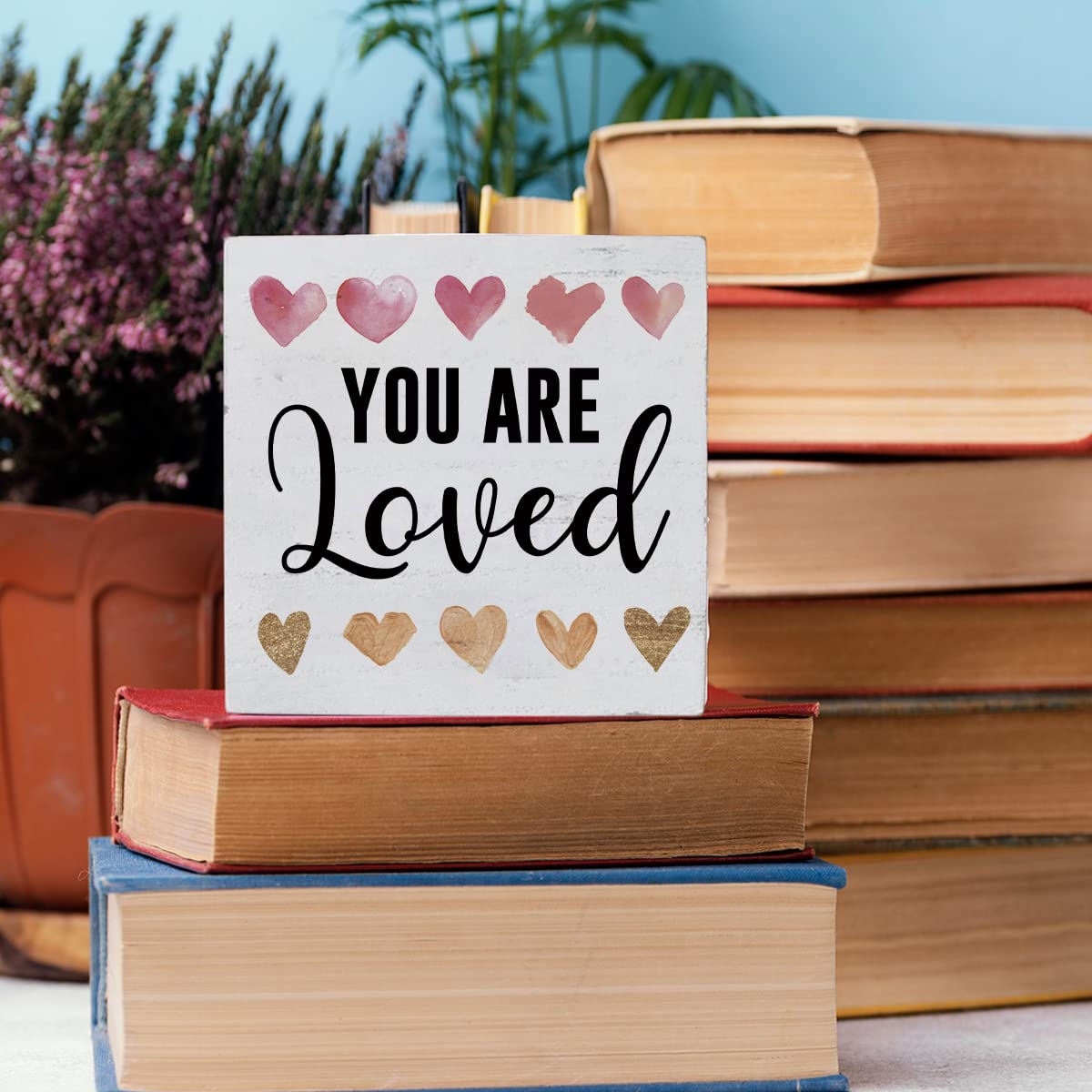 Boho Love Heart Decor Inspirational Quotes Desk Decor Wooden Box Sign, 5.1x5.1 Inch